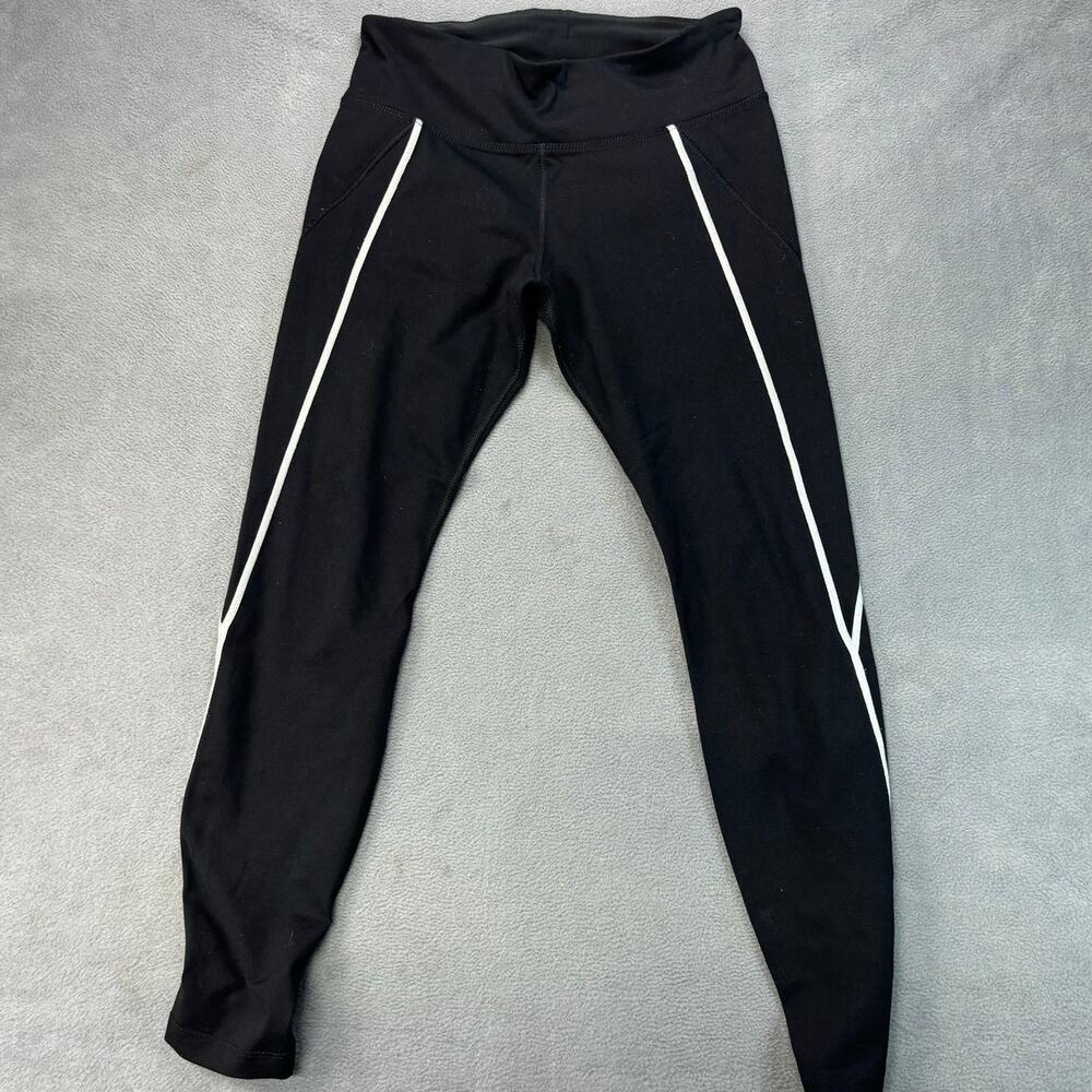 LORNA JANE Black w/ Striped Ankle Detail 7/8 Leggings‎ high rise waist MEDIUM